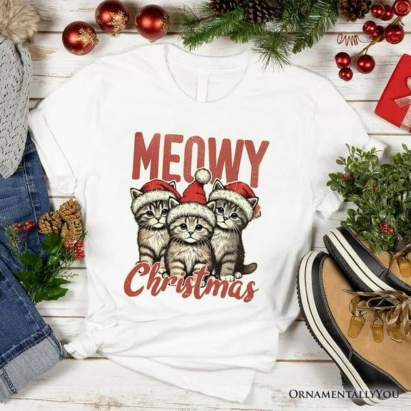 Cute Meowy Christmas T-Shirt, Baby Cat In Santa Hat Holiday Tee