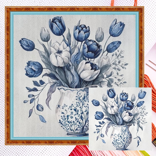 Kit Punto Cruz Flores Contadas Hilo Algodón Ecológico Bordado 11CT 45x45cm