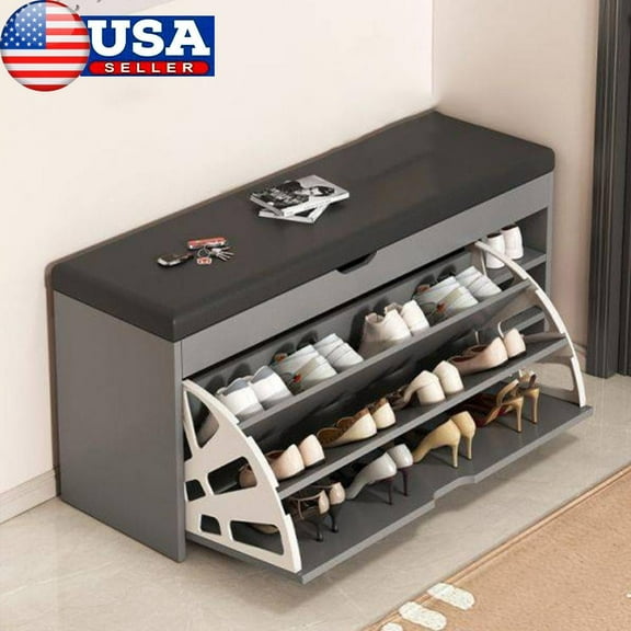 YKITRD Shoe Storage Bench with Seat Cushion Cabinet Organizer with 3 Tier Flip-Drawer