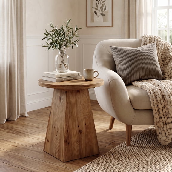 Fnova Round Solid‑Fir‑Wood End Table, Tapered Trapezoid Base Accent Side Table for Living Room, Bedroom & Entryway