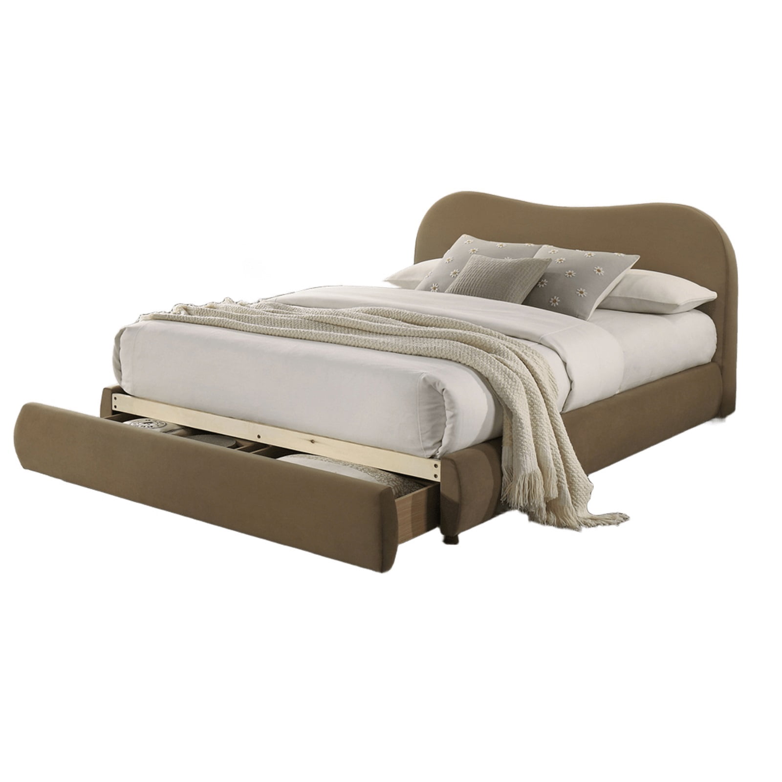Bed Frame Beautiful 1pc Queen Size Bed Curved Design Velvet Brown Color Upholstered Headboard Storage FB Bedroom Furniture Bedframe