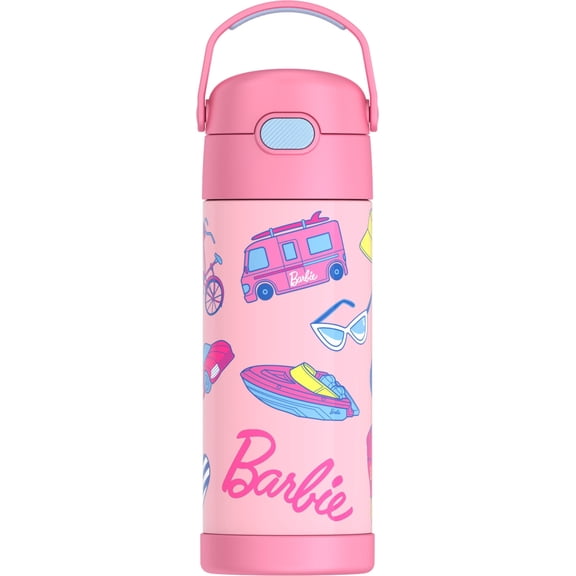 Thermos Kids Stainless Steel Funtainer Water Bottle with Straw, Leak Proof, Dishwasher Safe, Barbie, 14 Fluid Ounces