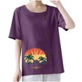 thumbnail image 2 of Lydiaunistar Hauts de Printemps pour Femmes Grande Taille Blouse Décontractée à Manches Courtes Imprimée Boutonnée, T-Shirt Col Rond en Polyester pour Femmes, Haut de Mode Polyvalent Violet, 2 of 6