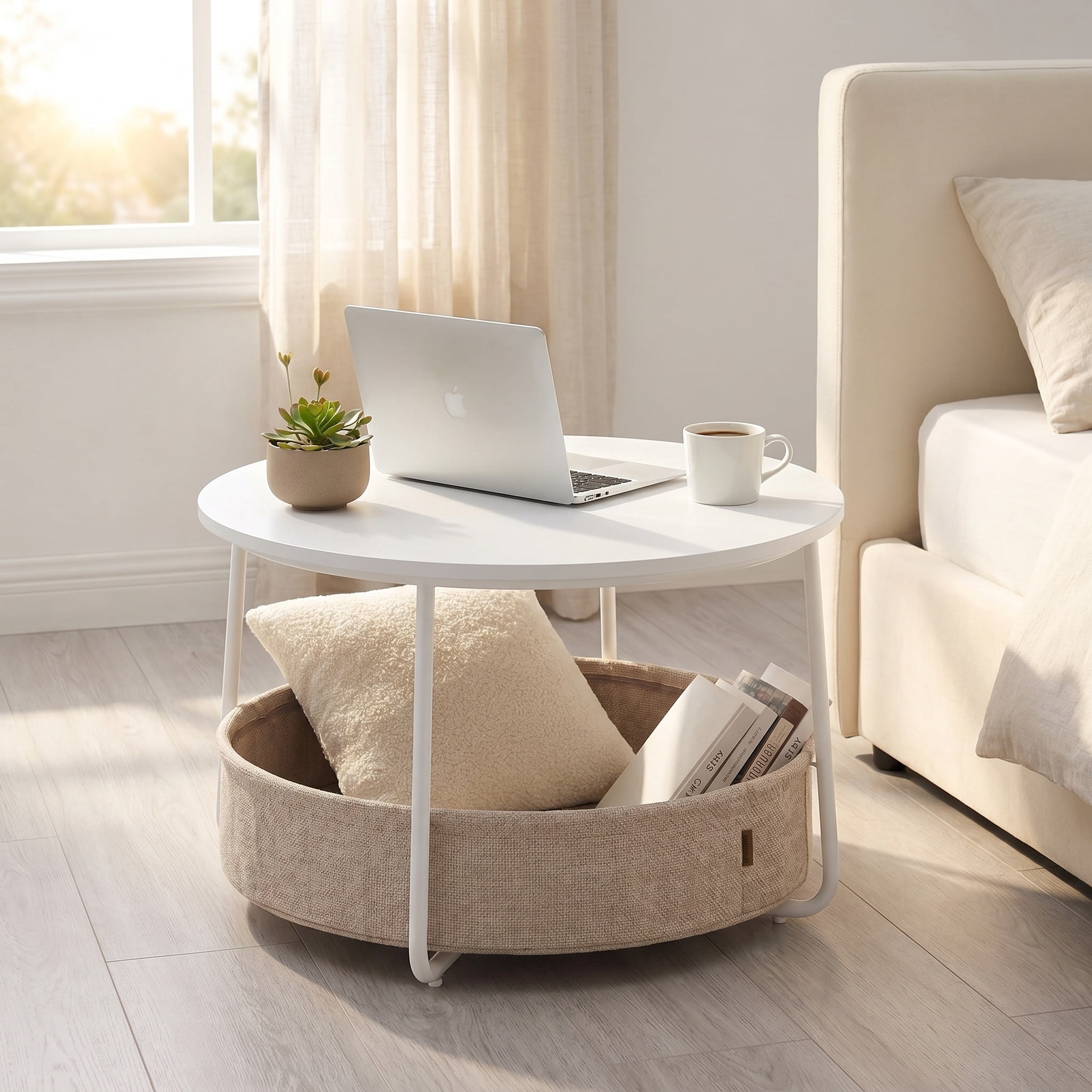 Nordic Hygge Modern Matte White Round Coffee Table with Camel Brown Fabric Storage Basket