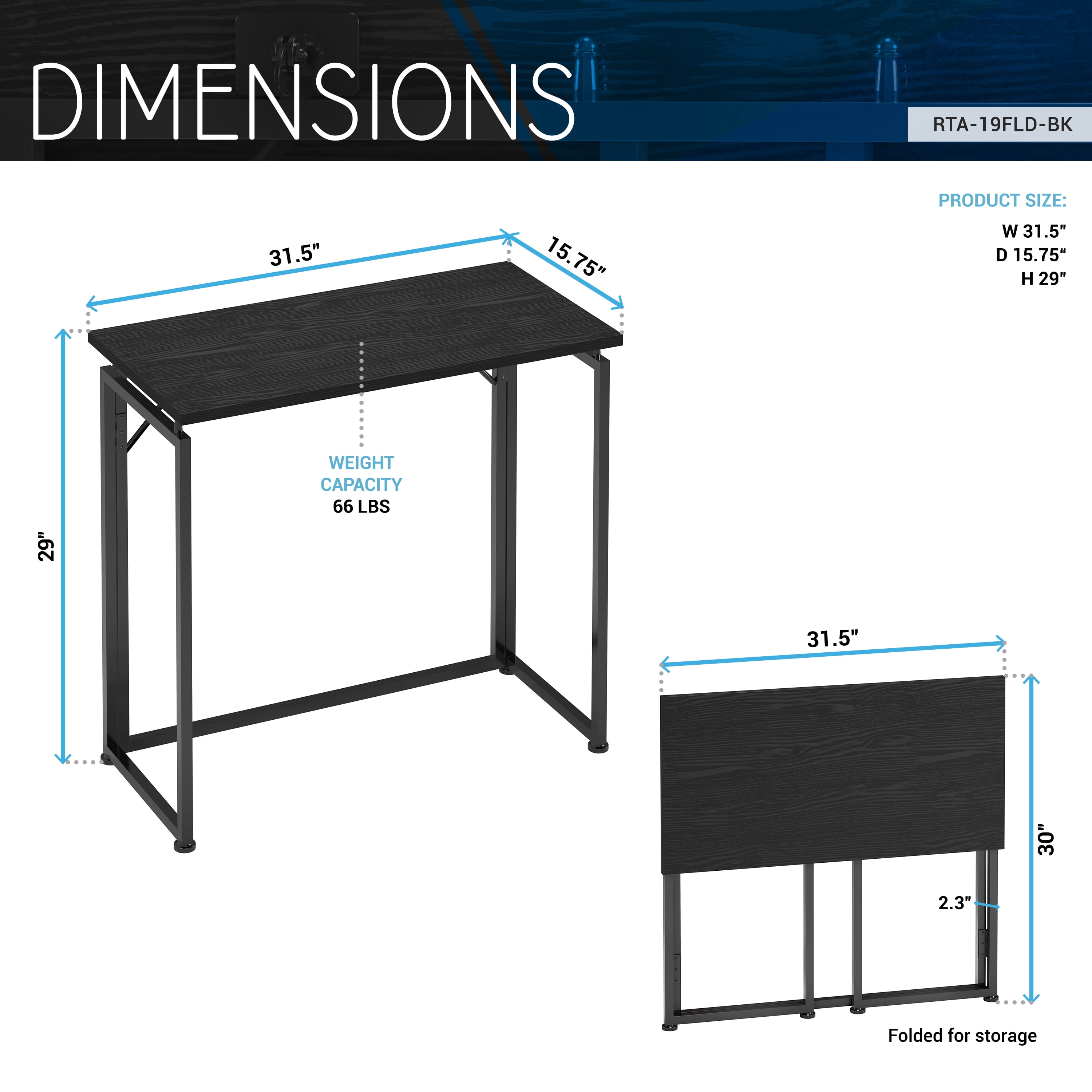 31.5 Inch Folding Desk, Black No Assembly Required Steel Frame Table, Compact Foldable Workstation for Apartment Dorm Bedroom Small Spaces