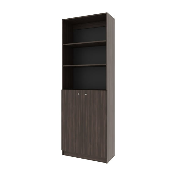 Xukmct Wood Bookcase with 2 Doors Cabinet, 3 Tiers Bookshelf for Living Room, Office, Dark Brown