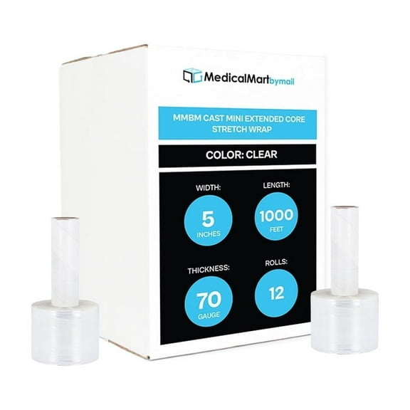 MMBM Mini Hand Wrap with Extended Core 5" x 1000' 12 Rolls 70 Gauge Clear Shrink Film for Packing Wrapping