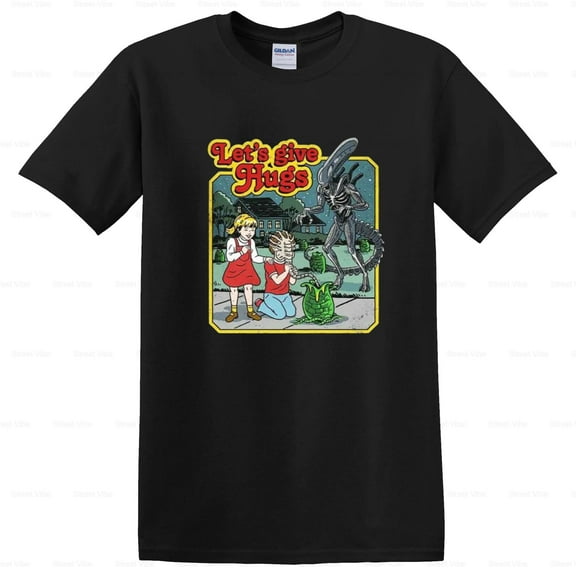 Wéar Alien Let's Give Hugs Funny Sci-Fi Graphic Tee, for men & women, up to size 5XL.