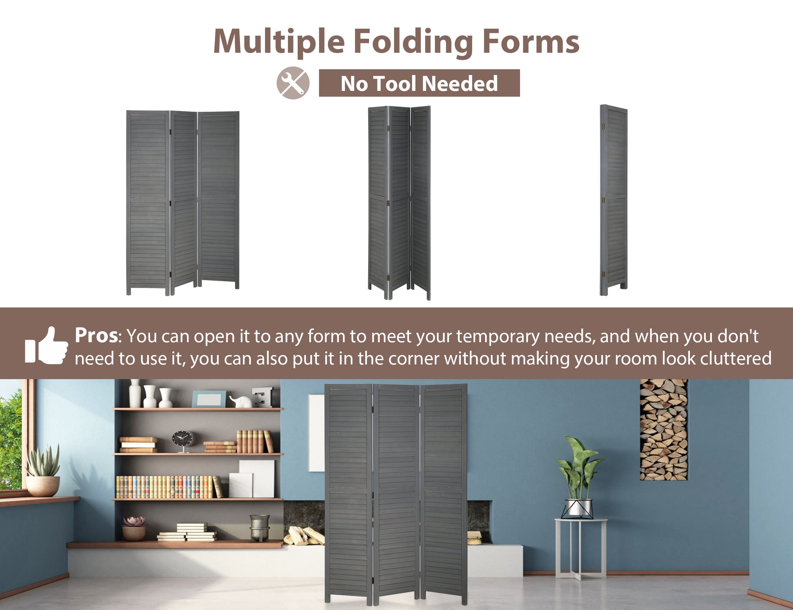 CL.HPAHKL Room Divider, 3 Panel Folding Privacy Screen Temporary Wall, Freestanding Wall Divider Portable Room Partitions and Dividers for Home Bedroom Living Room, Gray
