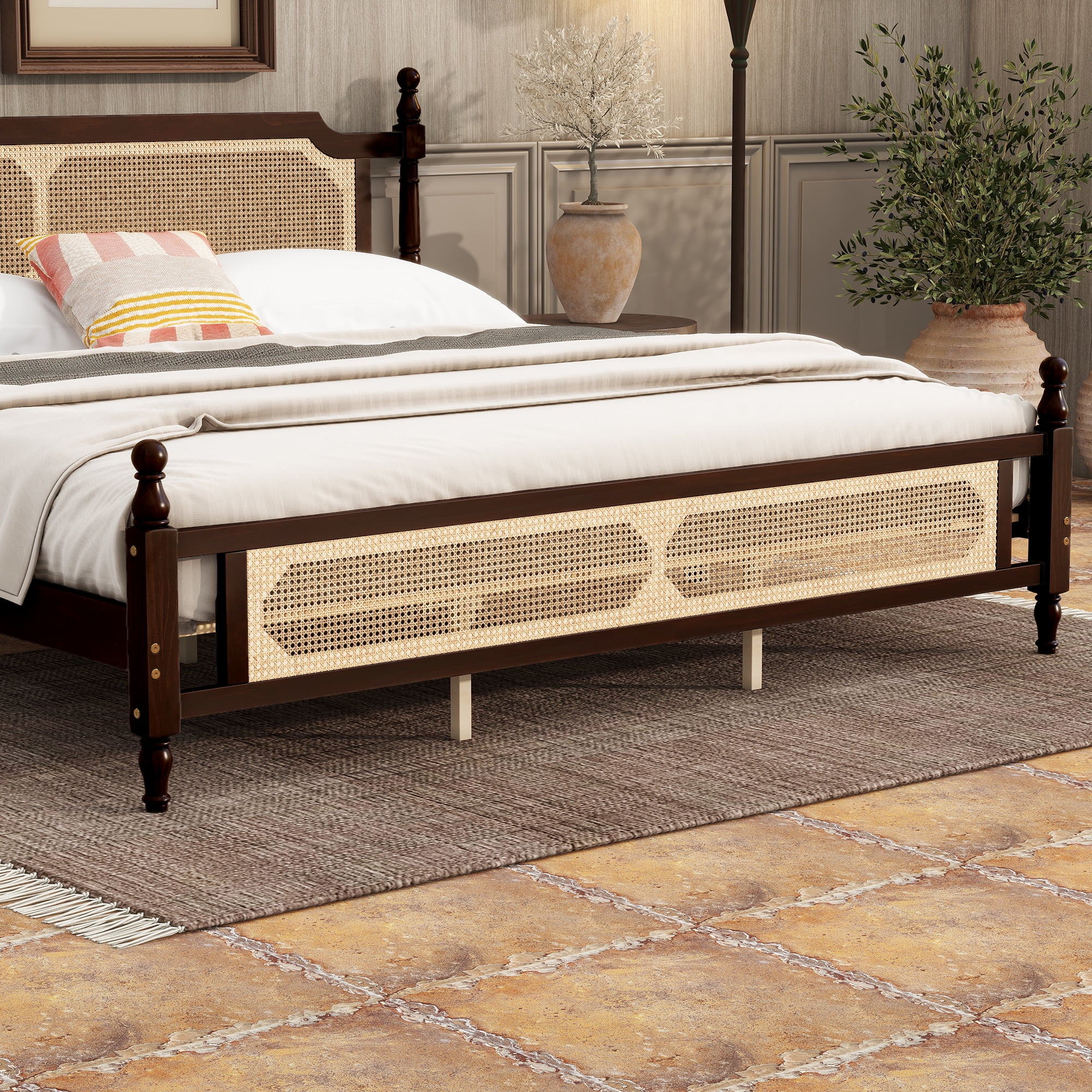 Miniyam King Size Rattan Bed with Spherical Bedposts for Adult, Espresso