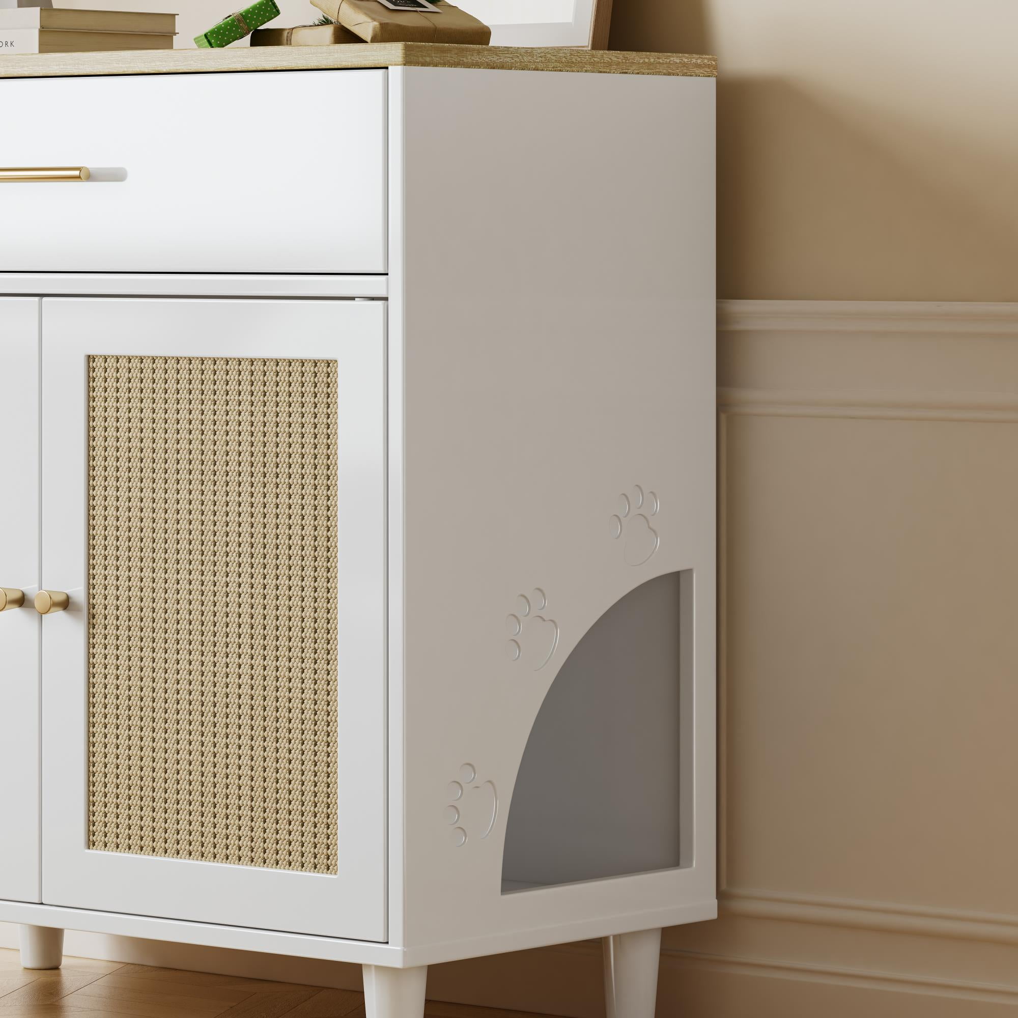 Pefilos 31" Cat Litter Box Enclosure, Hidden Cat Washroom Furniture with Drawer, Sisal Scratching Door, Cat House Enough for Most of Litter Box, White