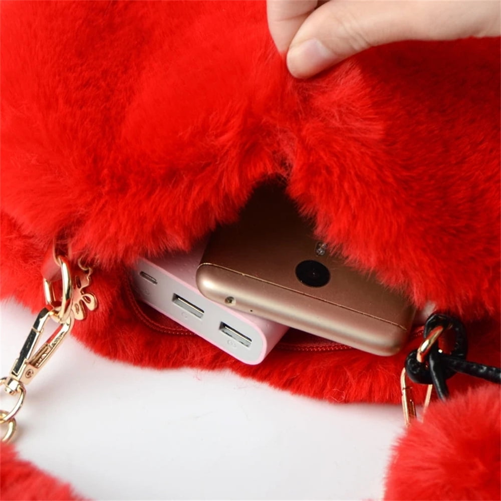 Cellphone Purse Plush Heart Shaped Crossbody Bag with Chain Cute Fluffy  Shoulder Bag for Women Ladies,red，G110257 