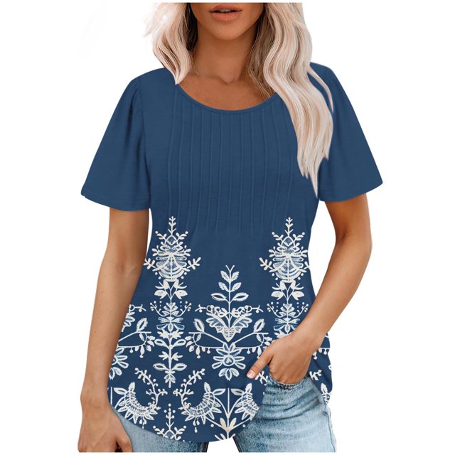Fashionable Women's Shirts Short Sleeve Round Neck Tops
