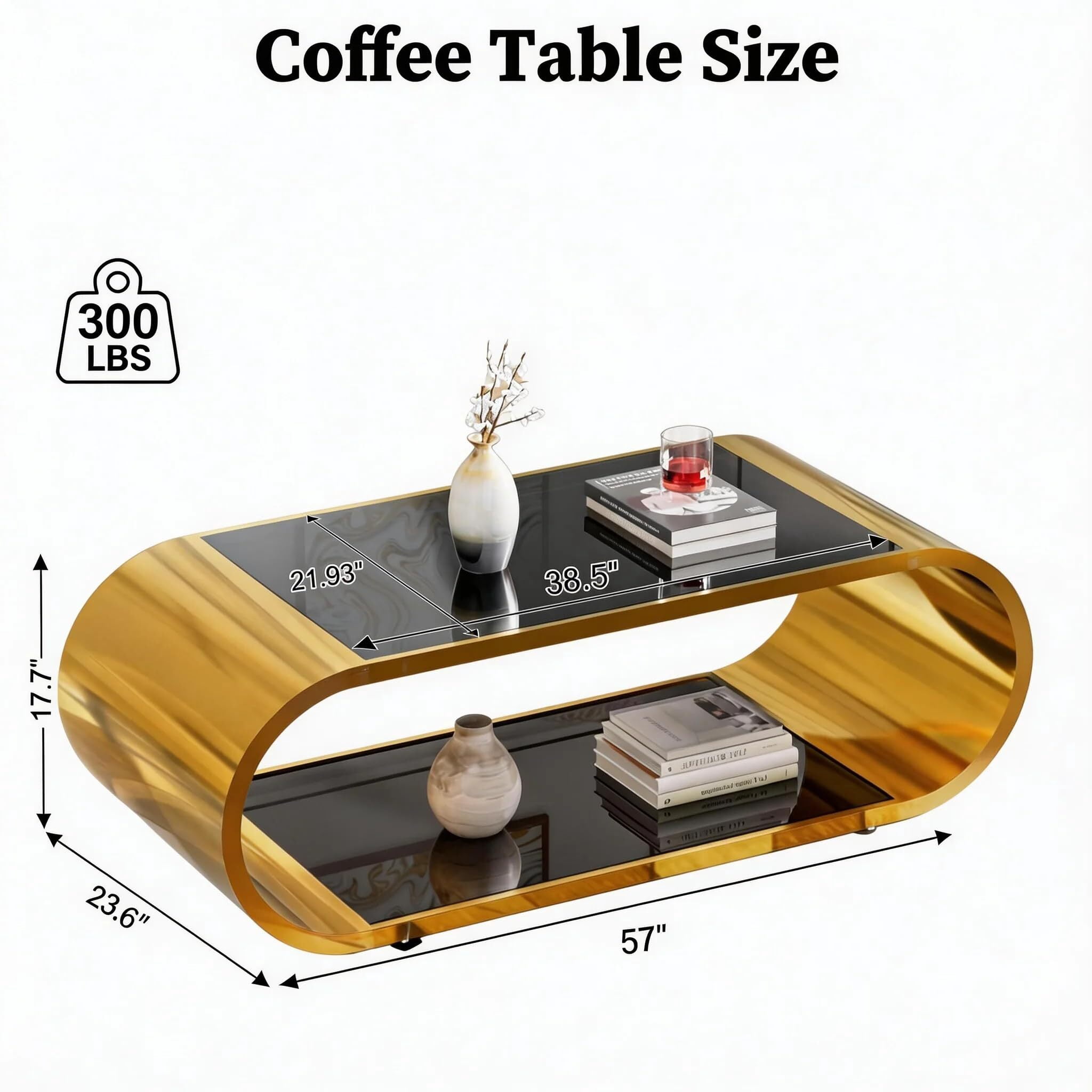 Shikeyi 57" Modern Oval Coffee Table with Gold Stainless Steel Base, 2-Tier Black Tempered Glass Top, Luxury Curved Center Table for Living Room, Home Office, Apartment, Unique Glam Decor