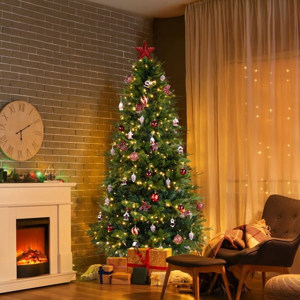 7.5FT Green Pre-Lit Christmas Tree - 950 PE/PVC Branch Tips 400 Warm White LEDs Red-Themed Ornaments + Tree Skirt Included for Home/Office