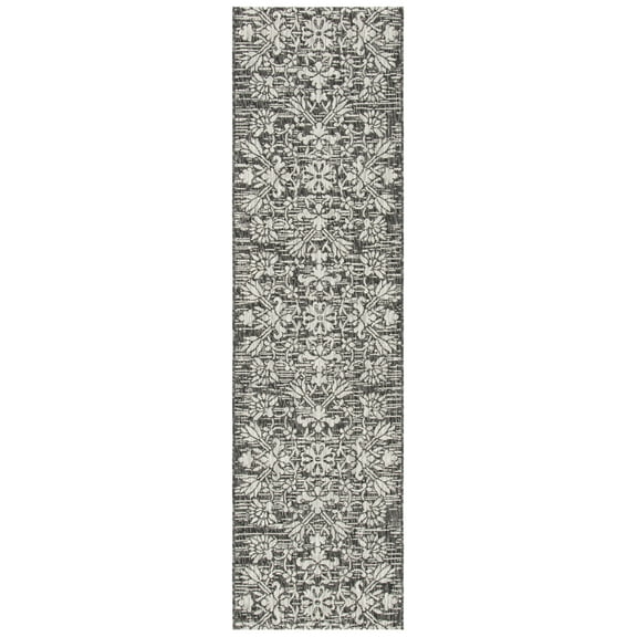 SAFAVIEH Courtyard Nina Floral Indoor/Outdoor Runner Rug, Black/Light Grey, 2'3" x 8'