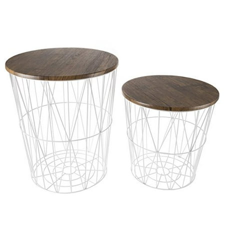 Lavish Home Convertible Round Metal Basket Veneer Wood Top Accent Side Home and Office Nesting End Tables with Storage- (Set of 2)  White