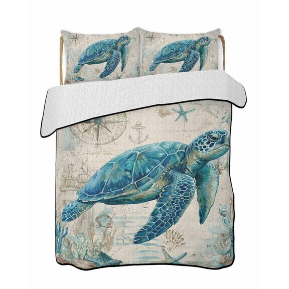 Full Size Quilt Bedding Set, Teal Sea Turtle Coastal Reversible Summer Quilt 3 Pieces, Vintage Summer Beach Nautical Lightweight Bedspreads Coverlets with 2 Pillow Shams for All Seasons