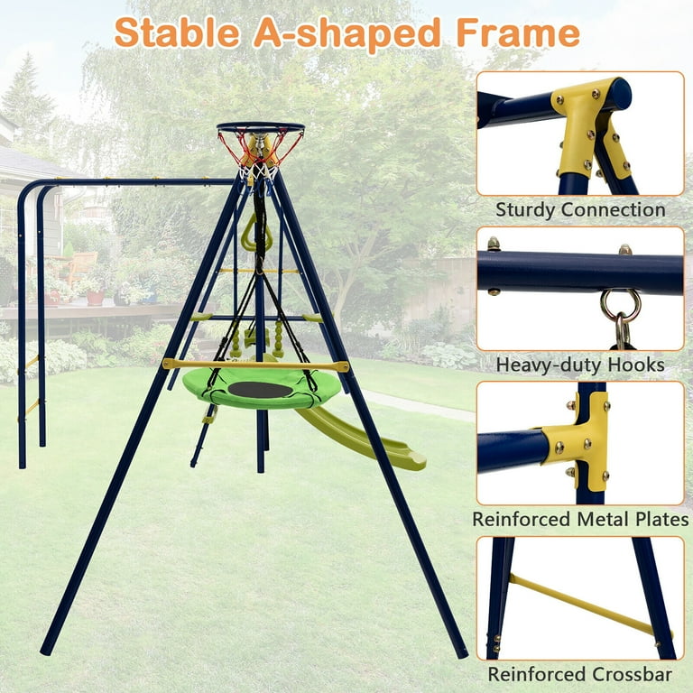 【havehad】Summer Easy Worker Set-up Gymax 660 lbs Kids Metal Swing Set for Backyard 7-in-1