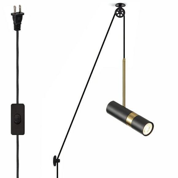 FSLiving Modern Black Swag Handle LED Pendant Lighting with Industrial Pulley Design 15ft Plug-in Cord with Wheel Adjustable Linear Accent Chandelier for Sloped Vaulted Ceiling - 1 Light