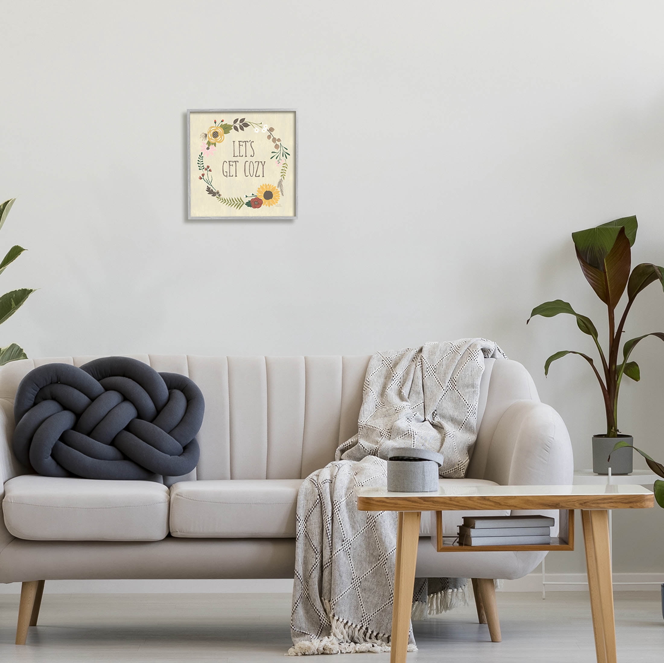 Stupell Industries Let's Get Cozy Floral Wreath Graphic Art Gray Framed Art Print Wall Art, Design by Laura Marshall