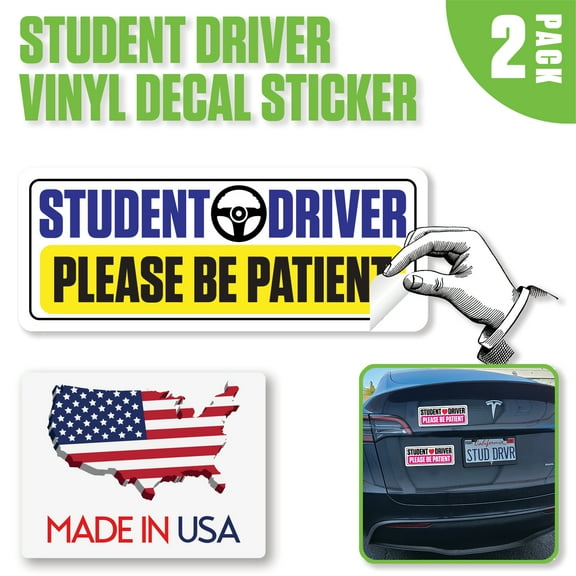 Cellet Student Driver Decal Sticker, 2-Pack 10"x4", Easy Peel Vinyl for Windows/Bumper – Made in USA