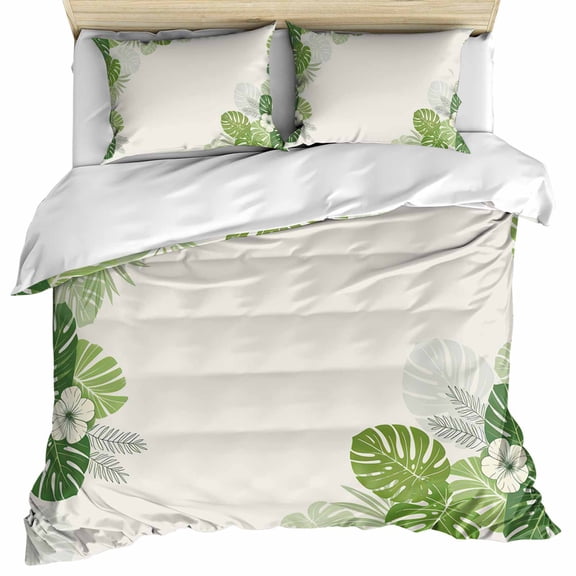 Tropical Palm Leaves Bedding 3 Piece Duvet Cover Set Full Size, Summer Green Botanical Leaf Plants Microfiber Comforter Cover with Zipper Closure & Pillowcases, Wrinkle & FadeResistant Quilt Cover