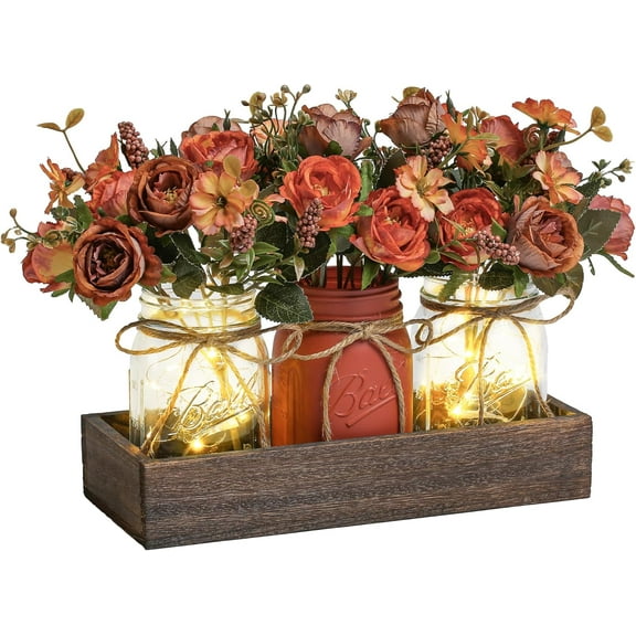 3 Pcs Mason Jar Centerpiece Table Decorations for Dining Table Decor Farmhouse Coffee Table Decor with Wood Tray and Led Light Table Centerpieces for Dining room Kitchen Living Bathroom,Orange
