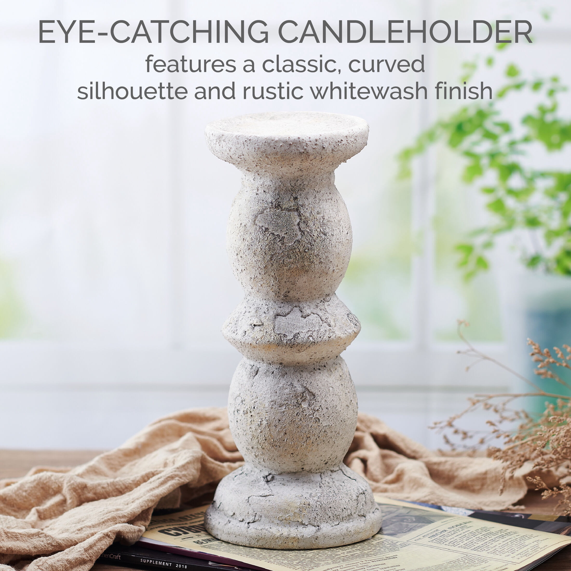 Elements 11.81 inch Textured Ceramic Candle Holder, White