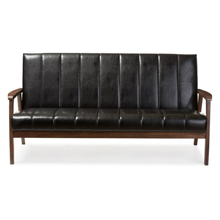 History Of Sofa **DISCONTINUED** Baxton Studio Nikko Mid-century Modern Scandinavian Style Black Faux Leather Wooden 3-Seater Sofa (box 3 of 3) ()