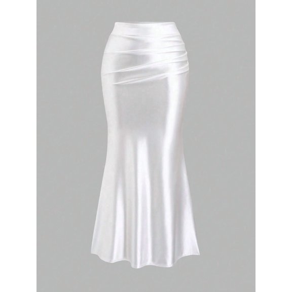 Womens White Satin Fishtail Skirt With Draped Waist