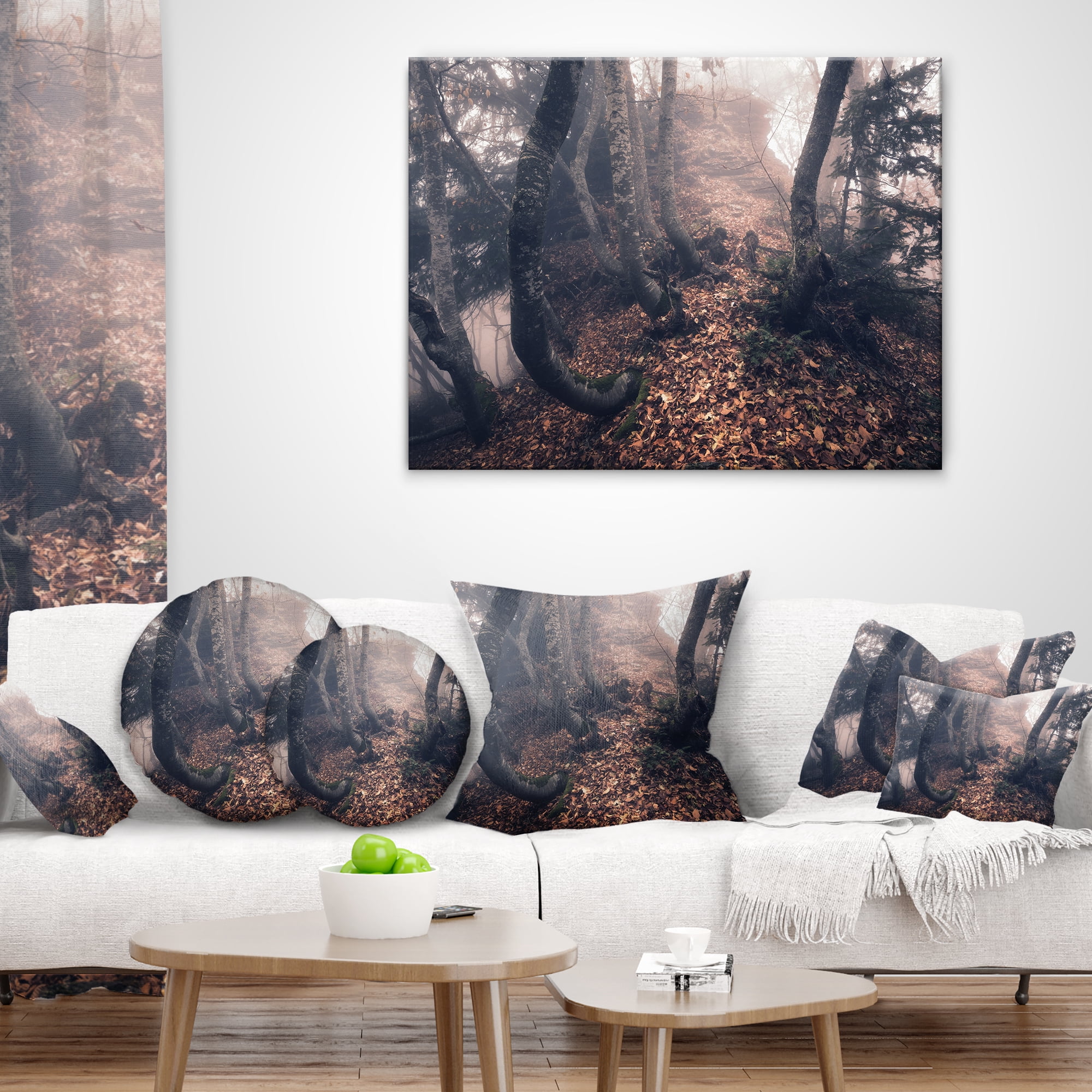Designart Autumn Foggy Forest Trees - Landscape Photography Throw Pillow - 18x18