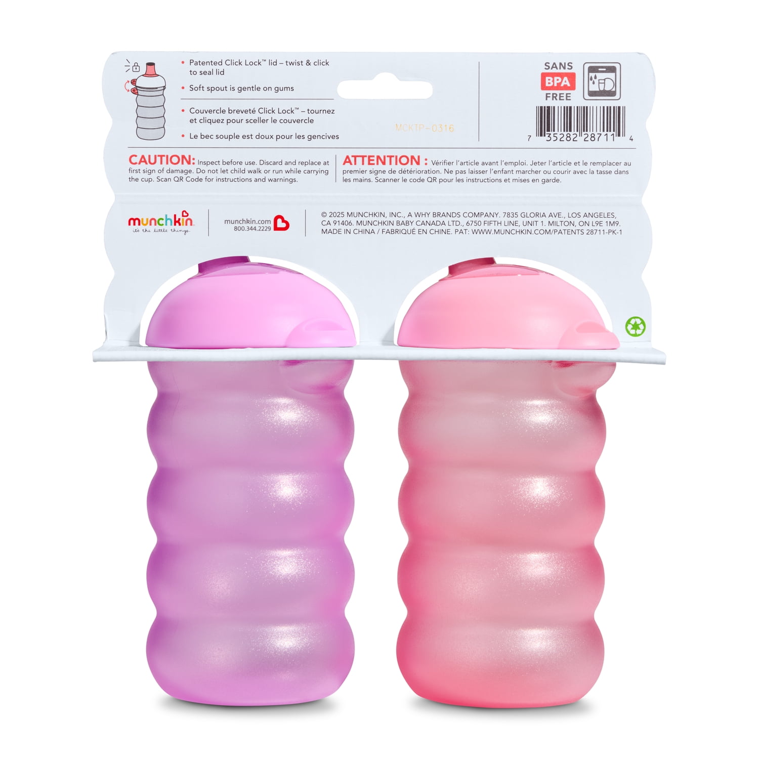 Munchkin Click Lock Toddler Sippy Cups, Spill Proof Sippy Cup for 9 Months Old and Up with Soft, Bite Proof Spout, 10 oz, Pink/Purple, 2 Pack, Unisex