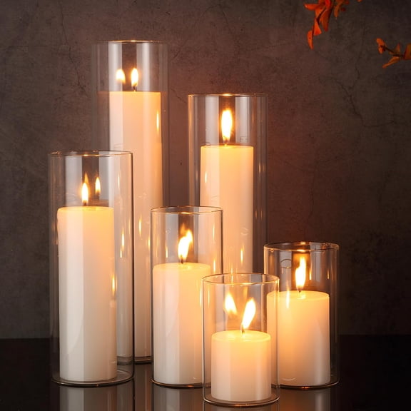 Set of 6 Ivory Pillar Candles and Clear Glass Cylinder Vases - Assorted Sizes Home Decor Centerpieces for Wedding Party Table