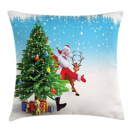 Santa Throw Pillow Cushion Cover, Traditional Xmas Character with Funny Reindeer Surprise Present Boxes under Pine Tree, Decorative Square Accent Pillow Case, 20 X 20 Inches, Multicolor, by