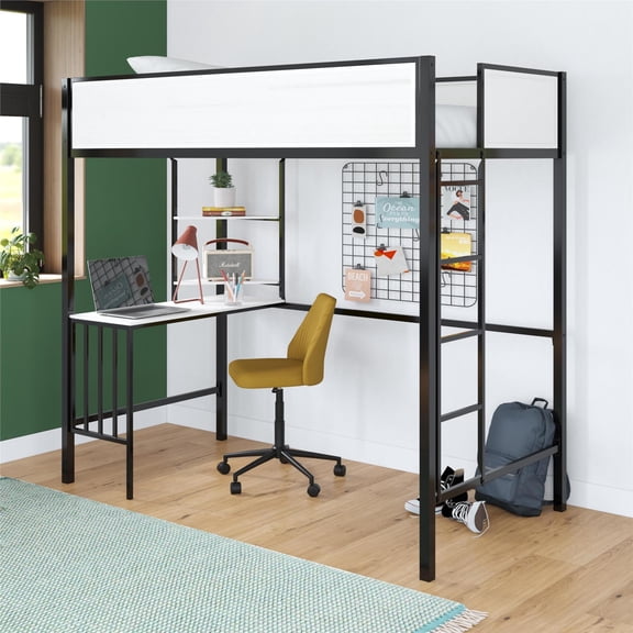 GDF Studio Twin Loft Bed with Desk and Shelves, Metal Frame, Black and White