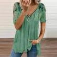 thumbnail image 1 of Femmes Tops Femmes Été Tops 2023 Été Femmes Zip Rétro Impression V-Cou en Vrac Manches Courtes T-Shirt Top Vert XL, 1 of 5