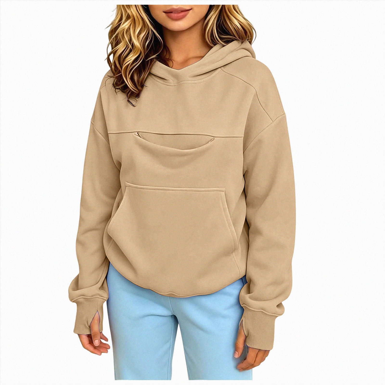 KPOPLK Girl s Hoodie Funny Hoodies Pouch Hoodie for Kid with Cat Pocket Dog Pouch Sweatshirts Breathable Pet Carry Bag Pullover Animal Holder Long Sleeve Tops Khaki Size 15-16 Years