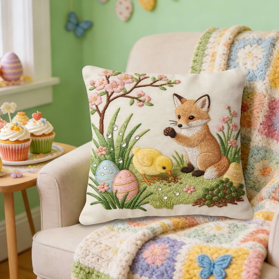 Fzsteel Easter Themed Embroidered Decorative Pillow Cover for Sofa Bedroom Living Room Home Decor Soft Comfortable Throw Pillowcase 17.71x17.71 Inches