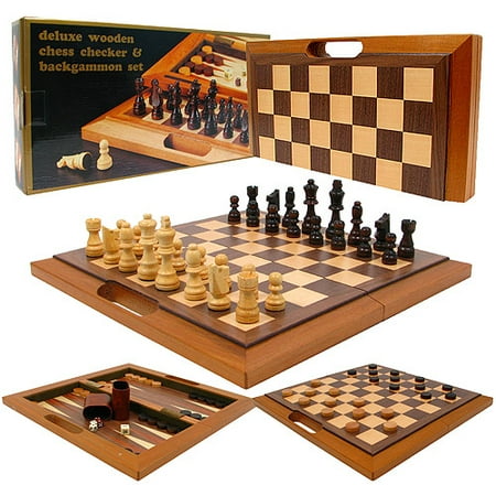 Deluxe Wooden 3-in-1 Chess, Checker and Backgammon Set