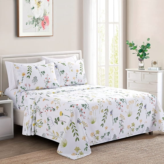 MorandiMalUltra Soft Silky Deep Pocket Rich Printed Bedding Rayon Derived from Bamboo All Season 4 Pieces Sheet Set with 2 Pillowcases, Colorful Floral Forest Pattern Twin/Single Size