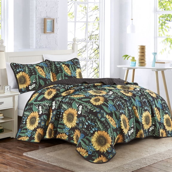 ESCA 3-Piece Sunflower Quilt Set with 2 Pillow Shams - Black/Yellow/Green Lightweight Reversible Floral Bedspread - King Size