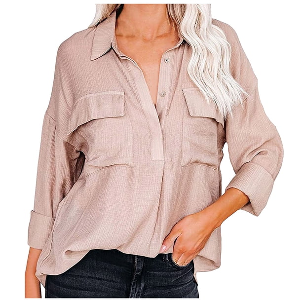 Camisa elegante de manga larga de color sólido con solapa de un solo pecho para mujer Pompotops FGAJ21666