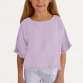 thumbnail image 3 of Faraee 3/4 Sleeve Cotton Linen Cropped Tops for Teen Girls Kids Ruffle Hem Crewneck Solid Blouses Summer Loose Shirt 5t 6t 7t 8t 5-15 Years Light Purple, 3 of 6