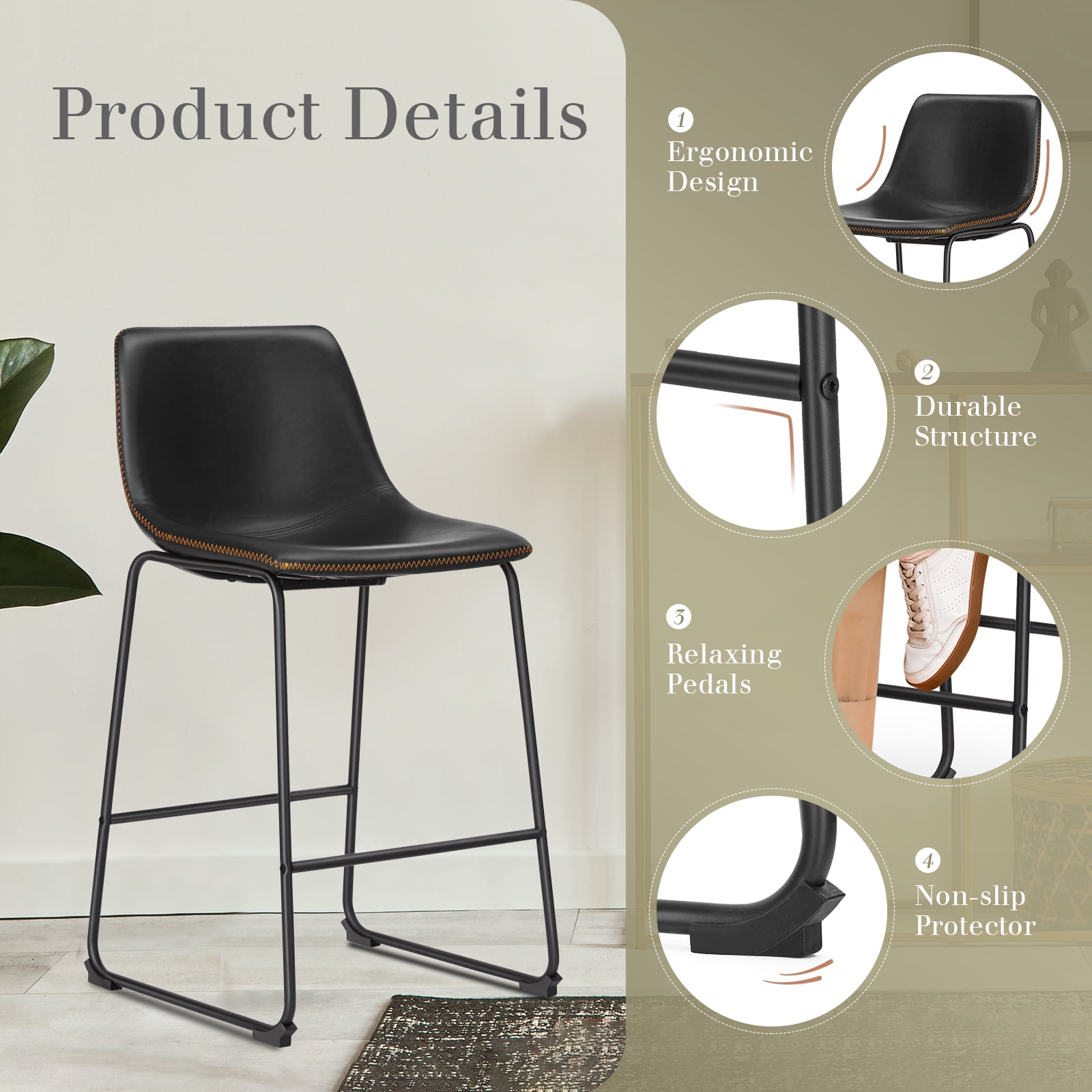 GIANNA Faux Leather Counter Height Bar Stools Set of 2, With Back and Metal Leg, 26 inch Height, for Home Kitchen Office, Black