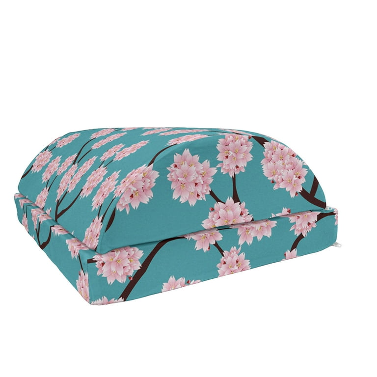 Blue and Pink Foot Rest, Japanese Sakura Pattern Repeating Cherry Blossom on Branches, Non-Slip Backing Adjustable Ergonomic Memory Foam Leg Support