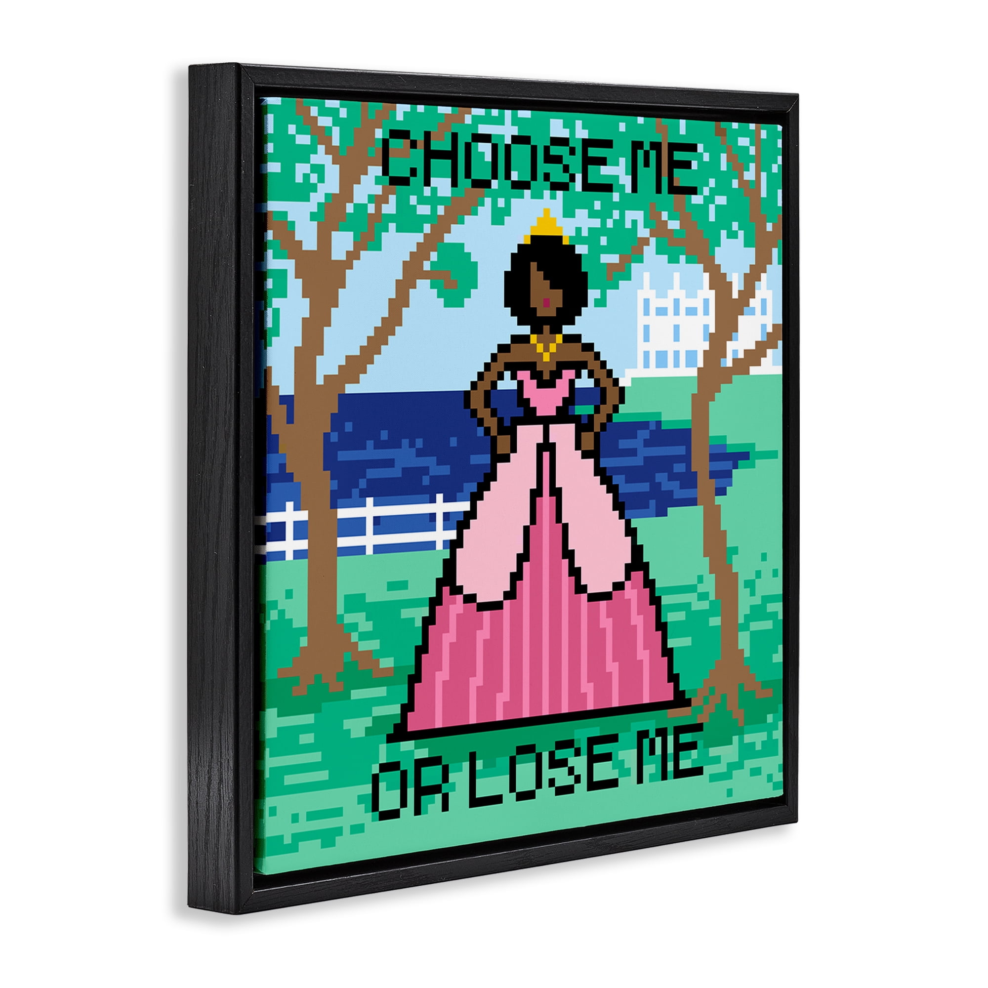 Stupell Industries Choose Me Pixel Princess People Painting Black Floater Framed Canvas Art Print Wall Art, 18 x 18