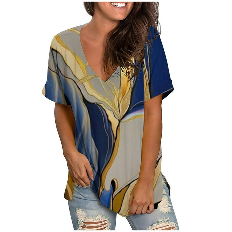 RYRJJ Womens Short Sleeve Tops V Neck T Shirts Trendy Print Rolled Short  Sleeve Side Split Summer Tops Dressy Casual Loose Tunics(Yellow,XXL) 