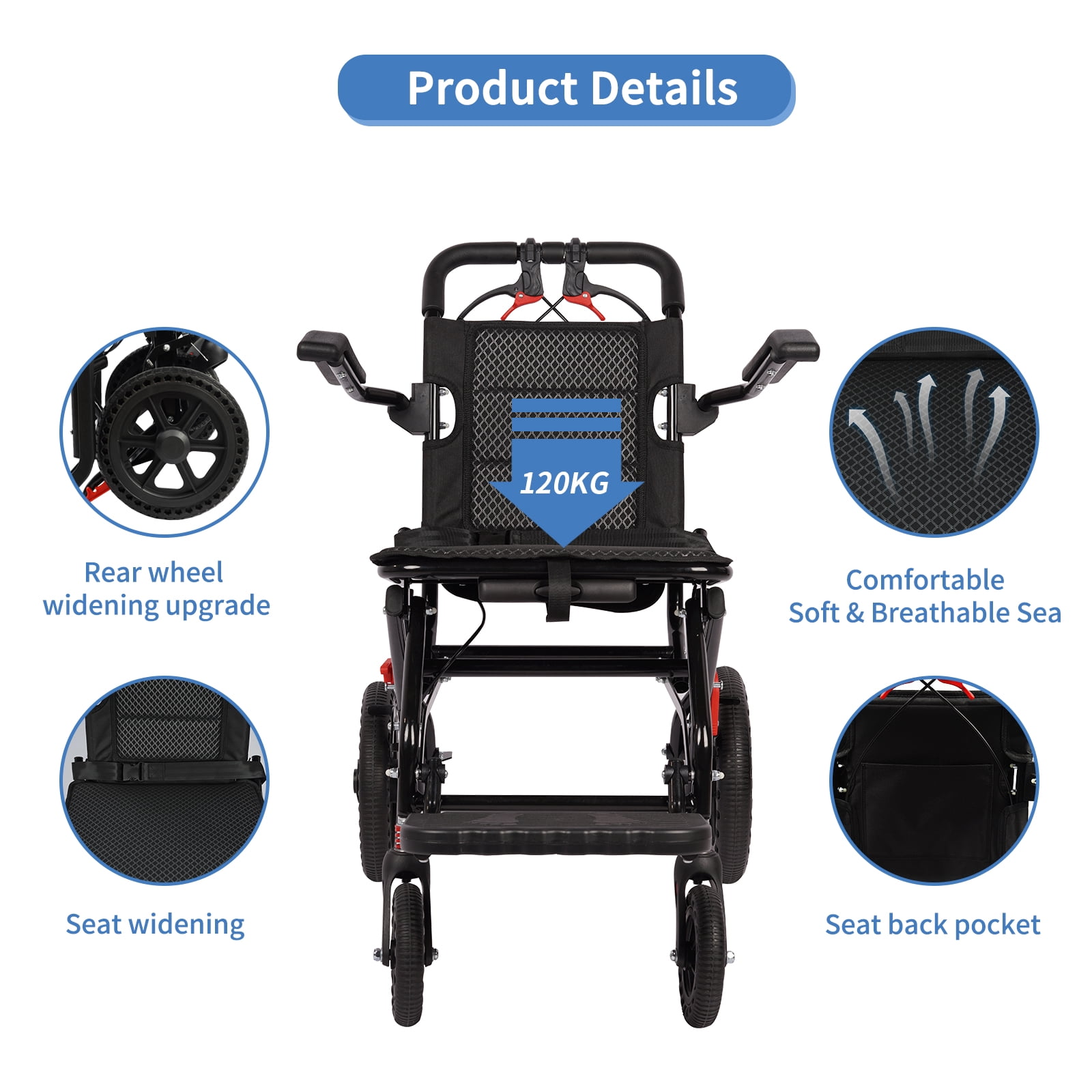 Large Portable Aluminum Transport Wheelchair | Handbrake & 12" Rear Wheels | Lightweight Folding Travel Chair for Adults & Kids | Black (Seat Width: 18")