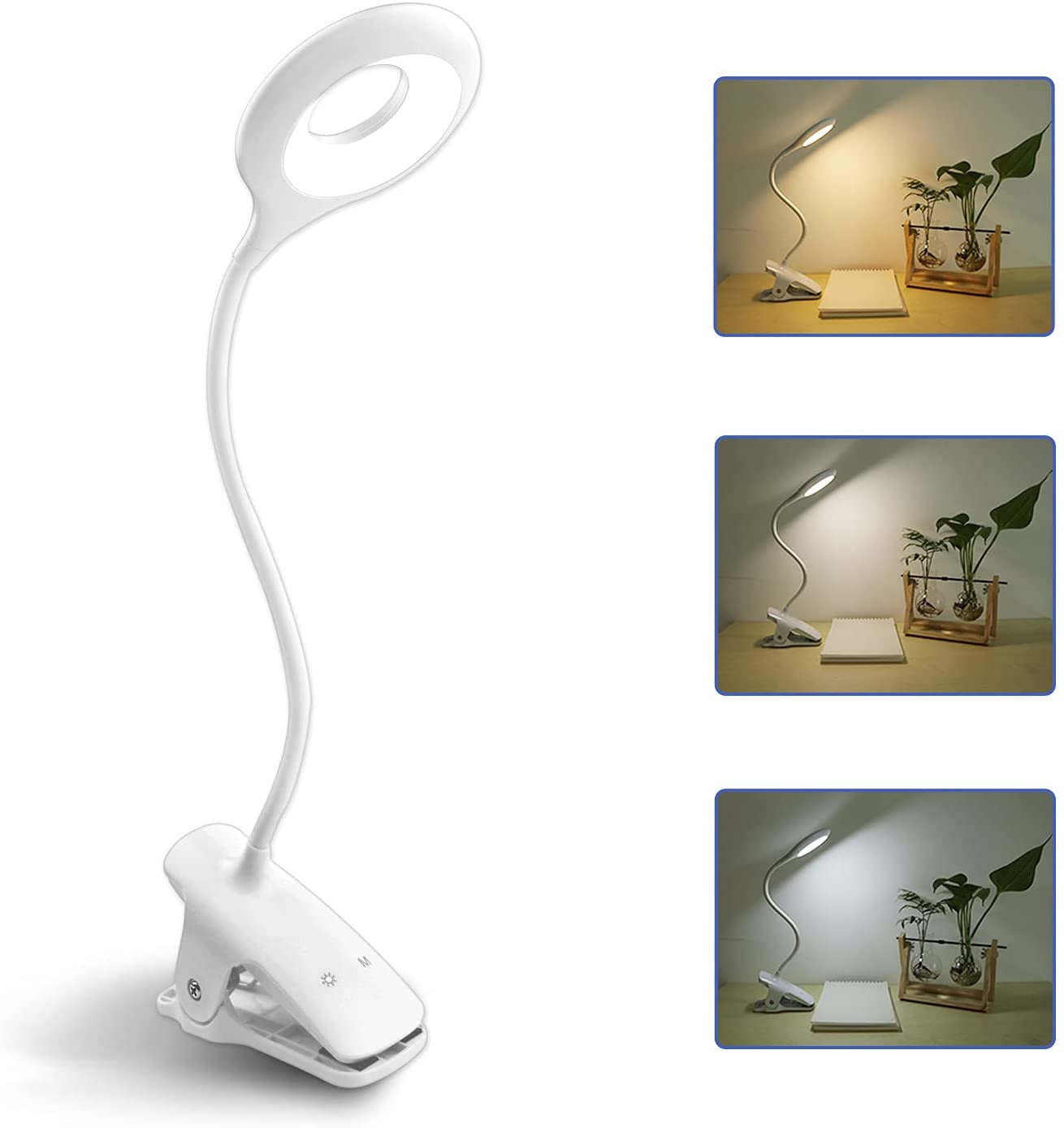 Book Reading Light Clip Light Touch Sensitive Control 3 Brightness Raniaco Desk Lamp with Flexible Neck A-White Eye-Protect Night Light and Rechargeable LED Lamps in Bed 